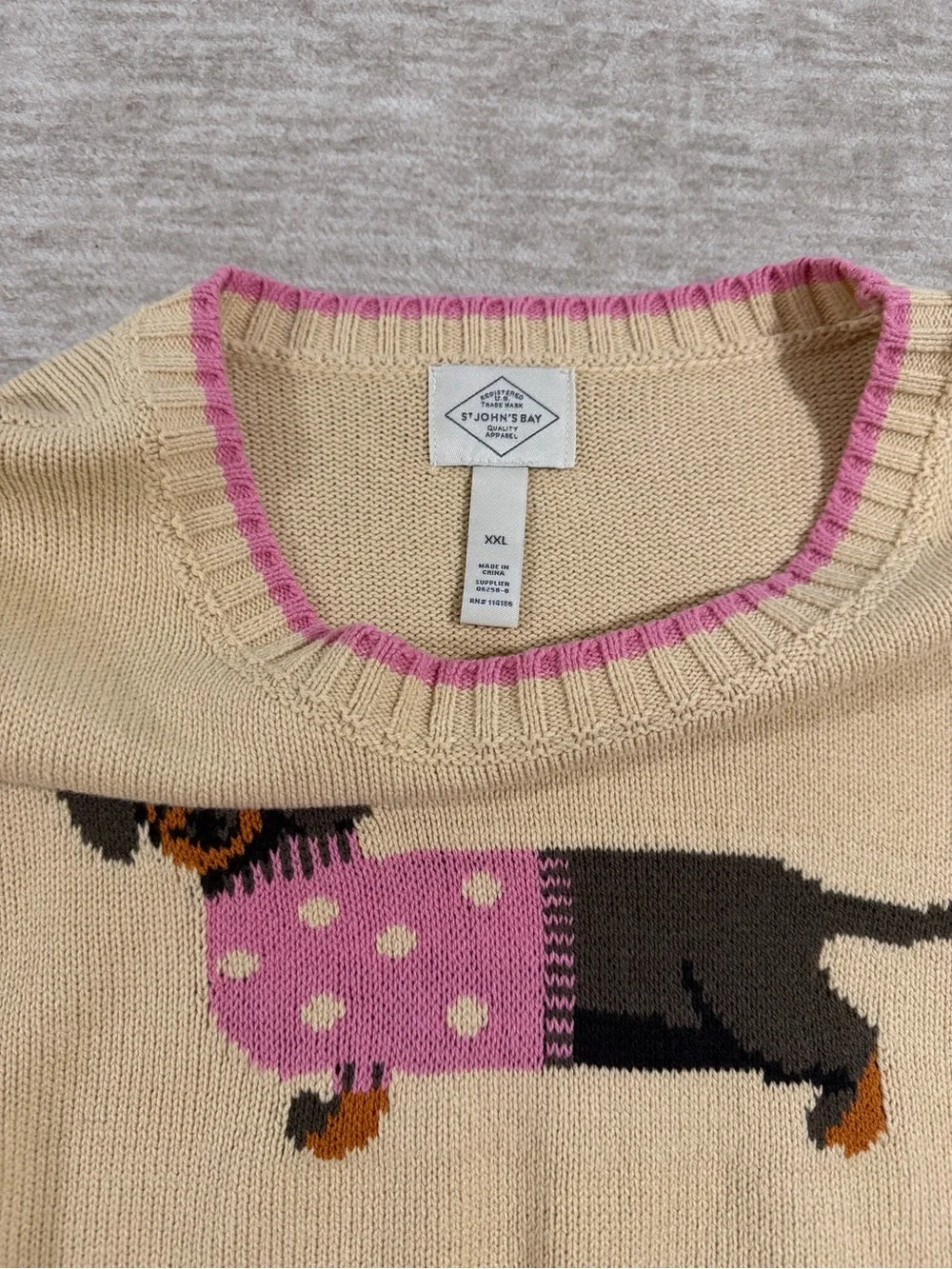 St. John’s Bay Beige Dachshund Sweater Top with Pink Trim